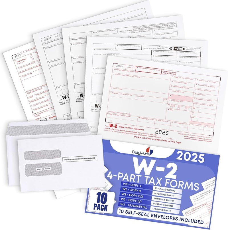 Dutymark W2 Tax Forms 2025 IRS-Compatible 4 Part W2 Forms for 10 Employees - Compatible with Quickbooks Software & Laser, Inkjet Printers - 3 W3 Forms incuded, and 10 Self-Sealing Envelopes - Image 1